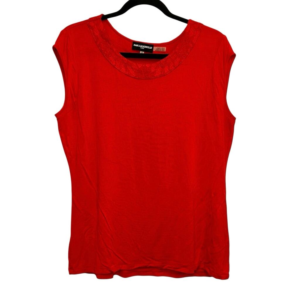 Karl Lagerfeld Paris Red Sleeveless Top‎ Medium Lace Trim Neck Designer Blouse